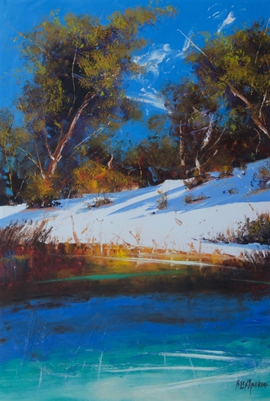 A vibrant winter landscape painting featuring a frozen pond, snow-covered banks, and trees under a bright blue sky.