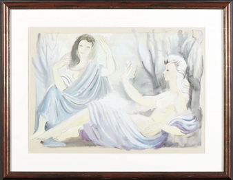 A watercolor painting of two draped figures in a dreamy, ethereal landscape.