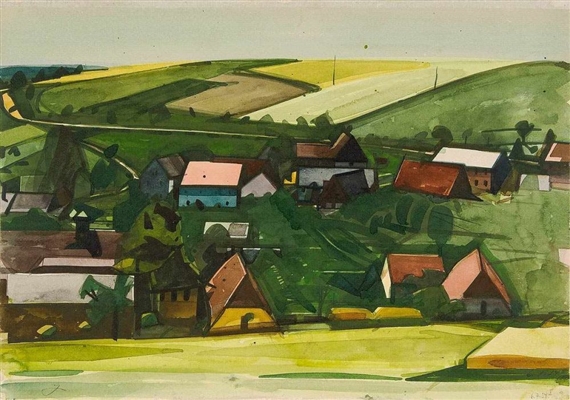 Wünschendorf im Tal, mit zwei Masten und hellem Dach rechts by Hermann Glöckner, 1934