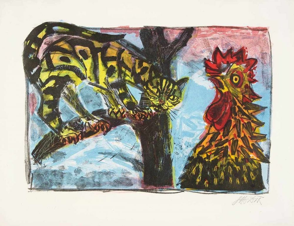 Artwork by Otto Dix, Katze und Hahn, Made of color lithograph