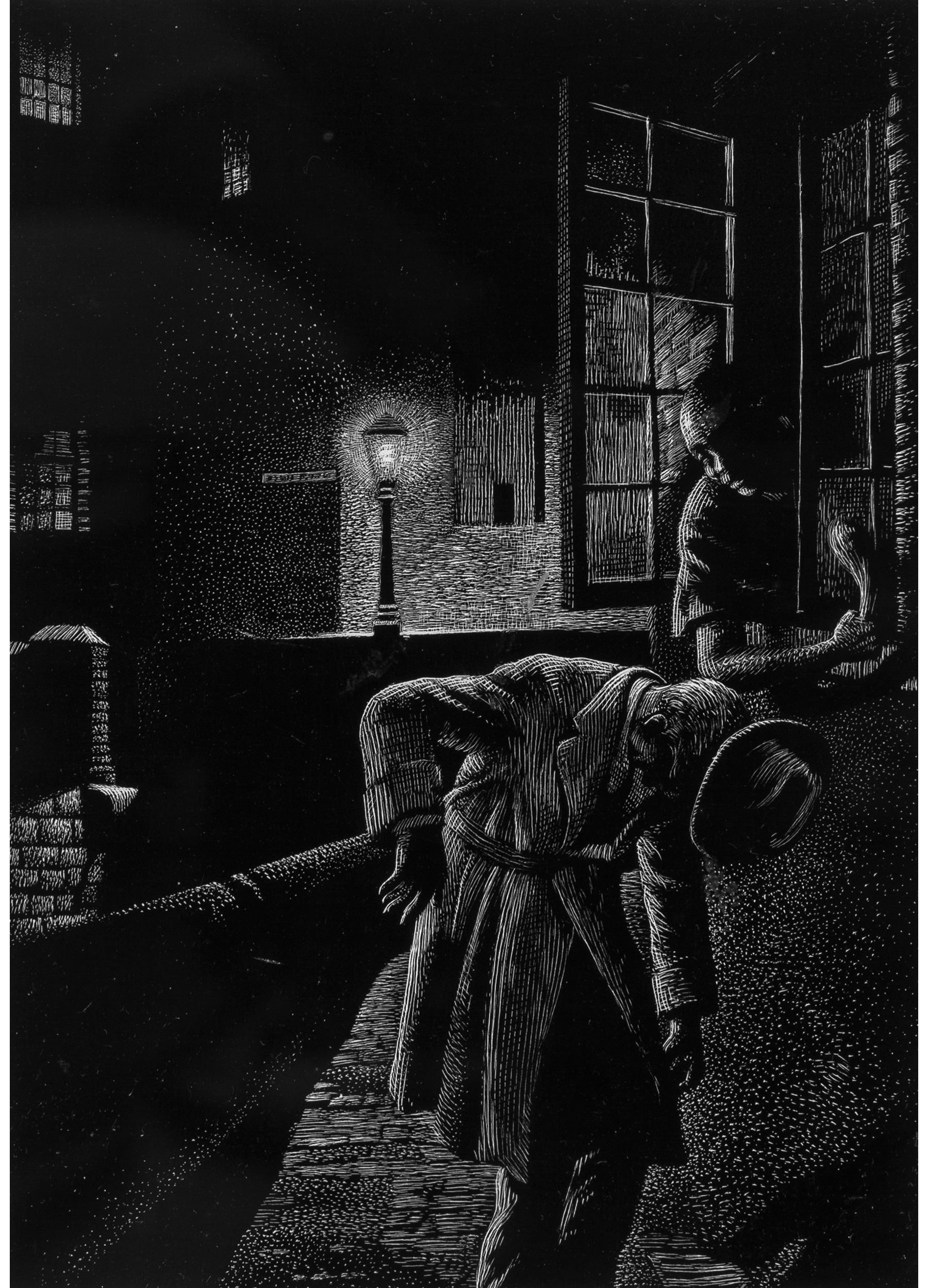 Artwork by Lawrence Sterne Stevens, The Death Maker, Famous Fantastic Mysteries interior illustration, Made of Scratchboard