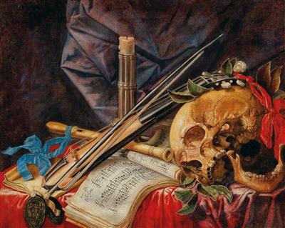 A Vanitas still life with a viol, a clarinet, a skull, a sheet of music and a candle by Simon Renard de Saint-Andre
