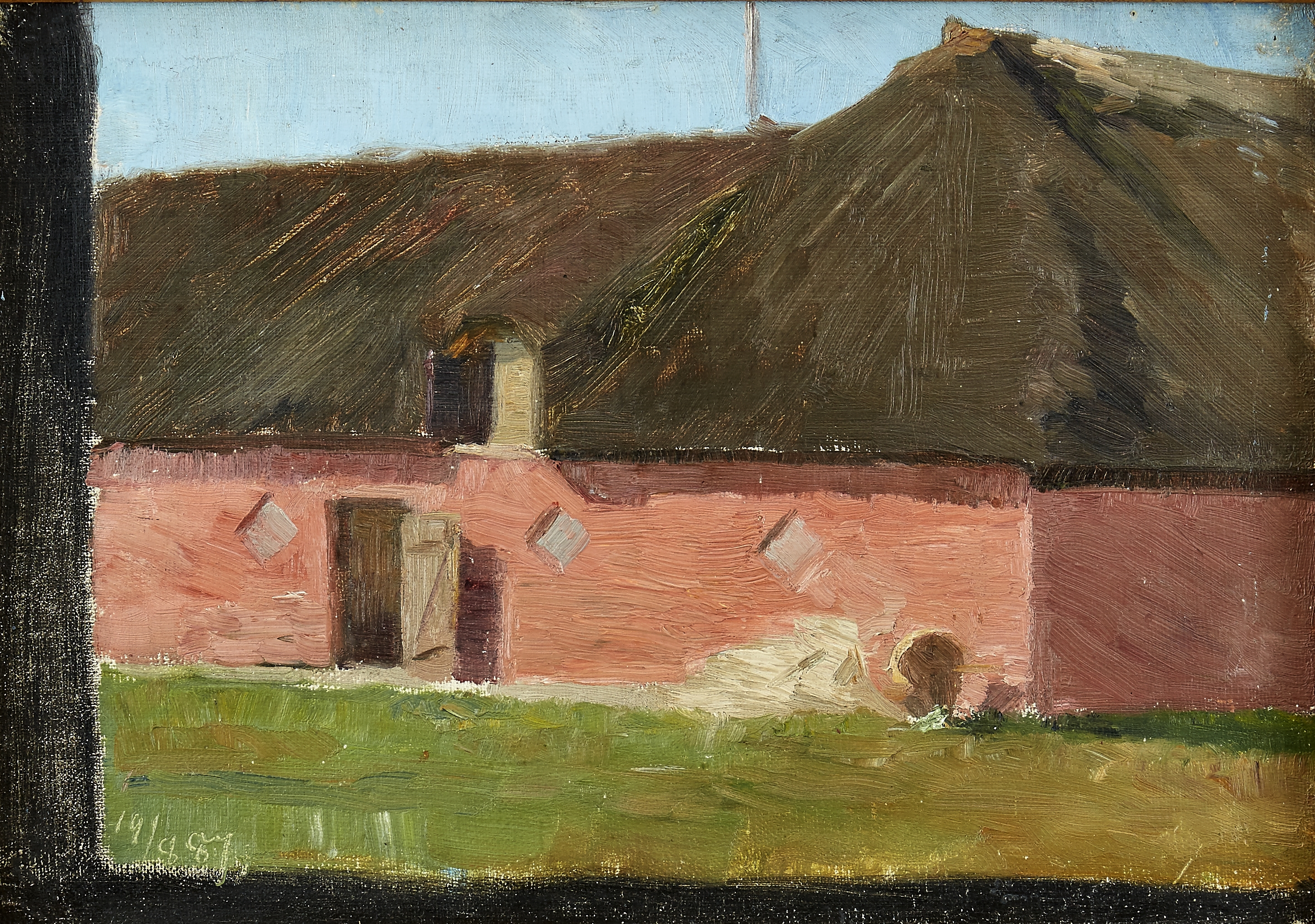 Artwork by Marie Krøyer, Rödkalkad gård - Borglum II, Made of Oil on canvas