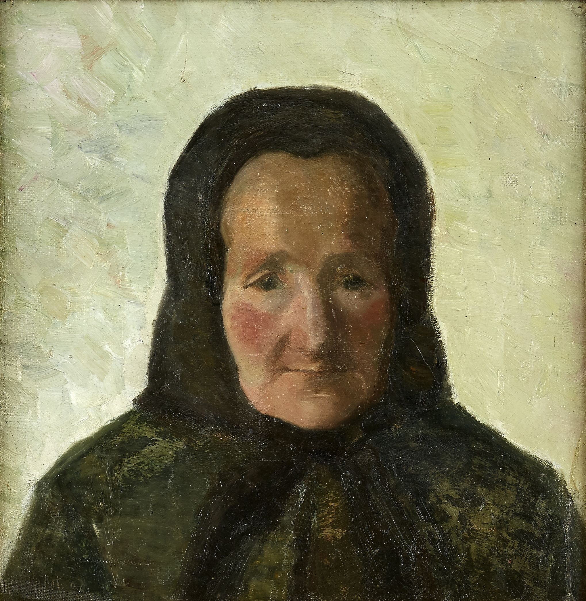Artwork by Marie Krøyer, Äldre kvinna i brun hätta, Made of Oil on canvas