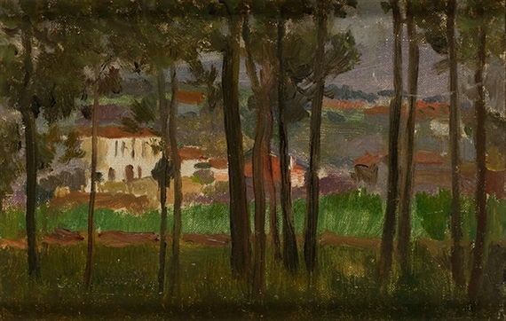 Paisaje con bosque y pueblo al fondo