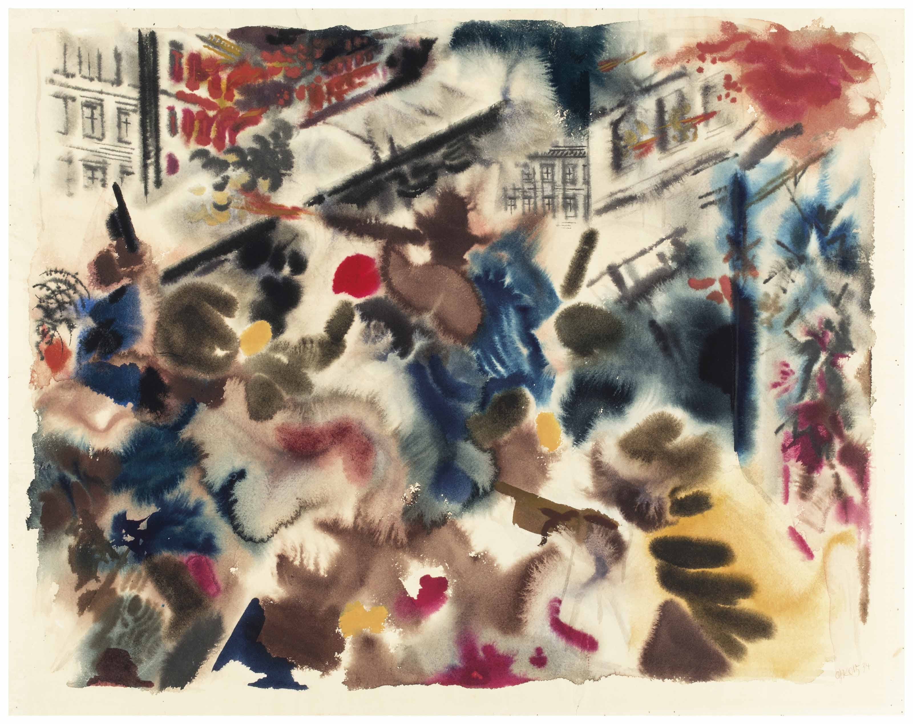 Artwork by George Grosz, Street Fight, Made of watercolor on paper