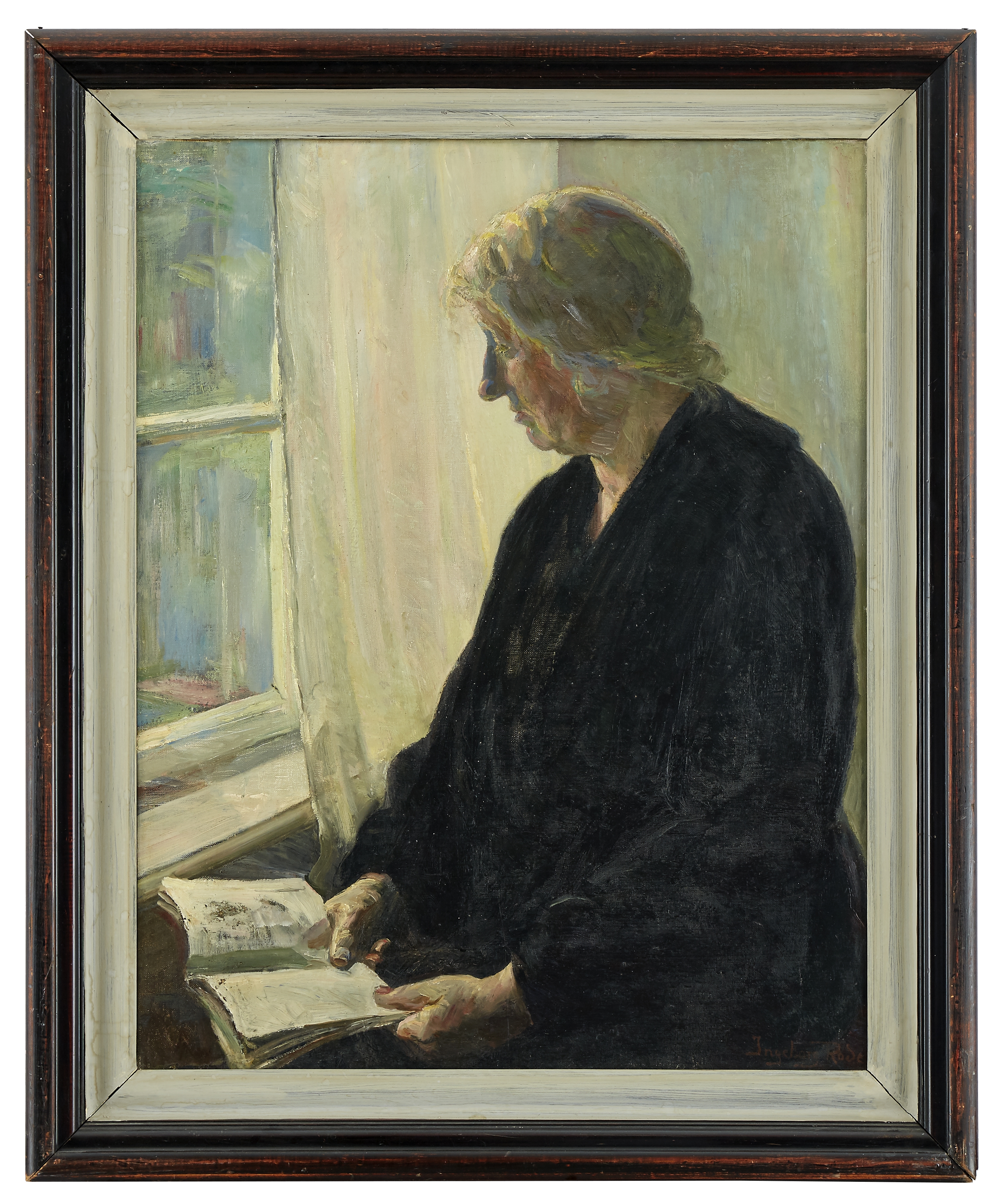 Artwork by Ingeborg Martha Rode, Läsande kvinna vid fönster, Made of Oil on canvas