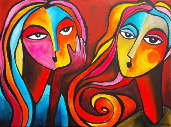 A vibrant abstract portrait featuring two stylized figures with bold colors and expressive faces.