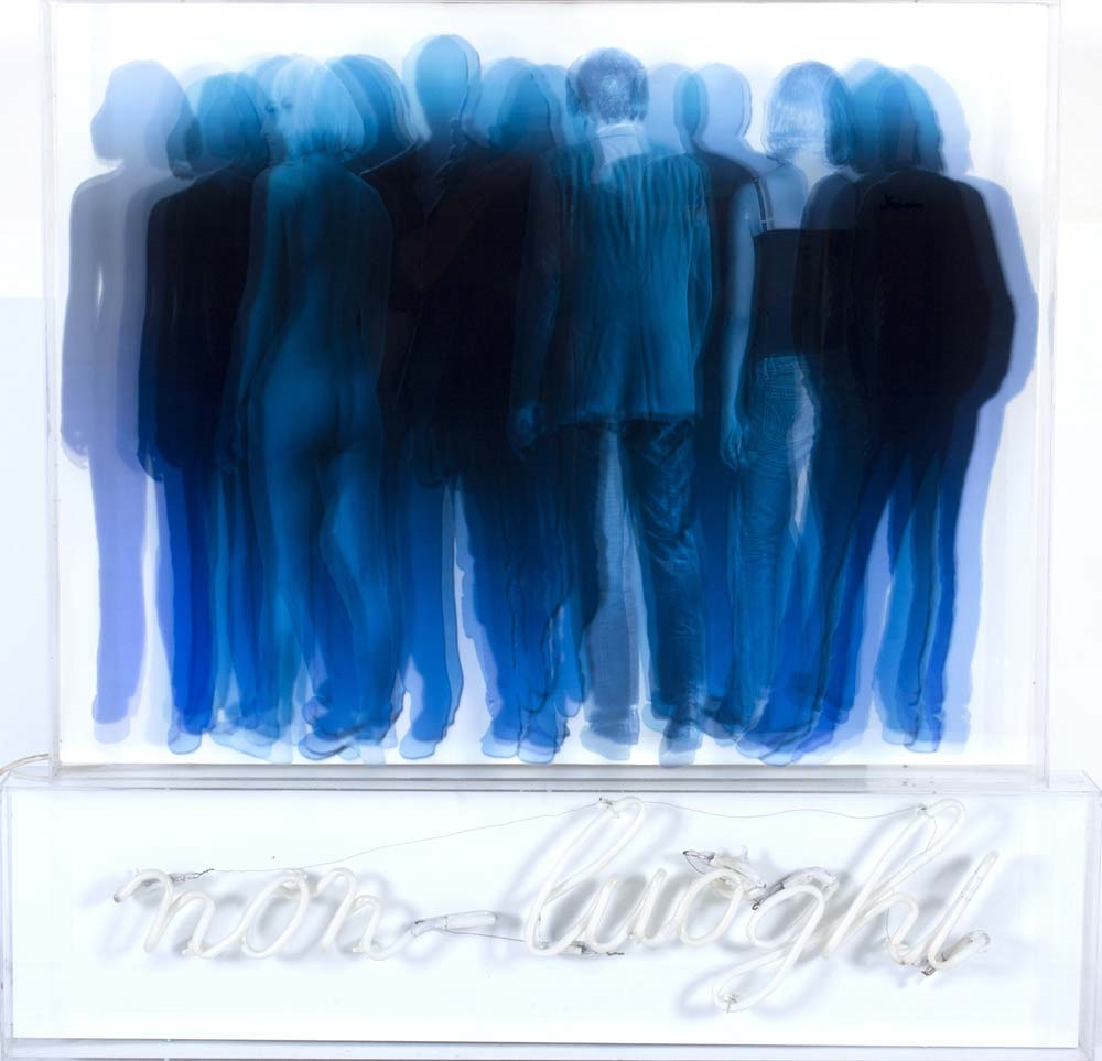 Artwork by Vincenzo Ceccato, No places - Space sections, Made of Screenprint on plexiglass and neon on canvas