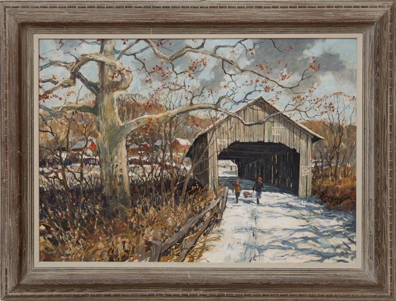 Artwork by Eric Sloane, FIRST SNOW (COVERED BRIDGE), Made of Oil on board