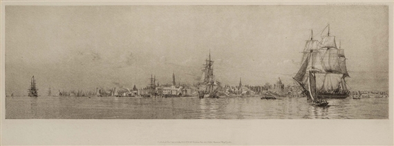 A set of four etchings of shipping off townscapes by Harold Wyllie