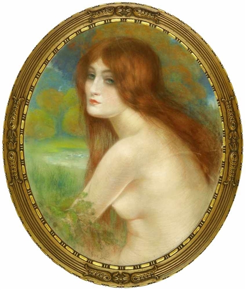 Weiblicher Halbakt mit roten Haaren, vor einer Landschaft by Gustave-Max Stevens, 1916