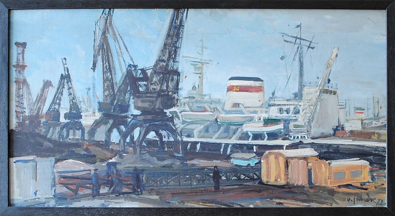 Artwork by Václav Junek, Nákladní přístav, Made of oil on  fibreboard