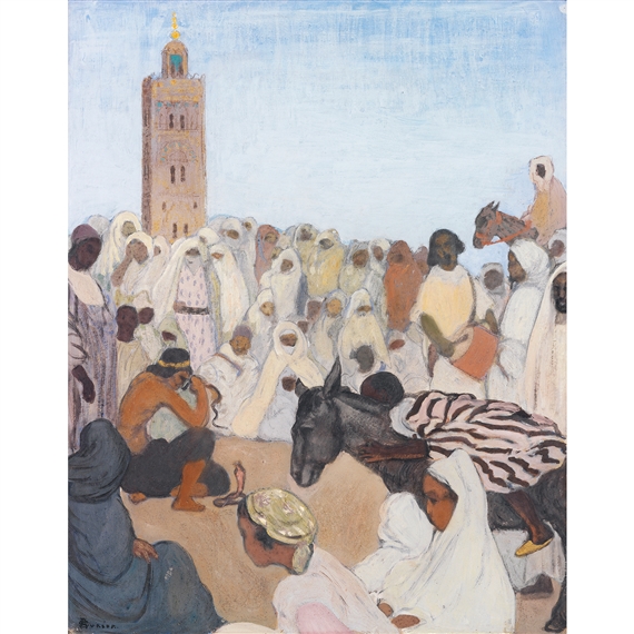 CHARMEUR DE SERPENT DEVANT LA KOUTOUBIA   SNAKE CHARMER IN FRONT OF THE KOUTOUBIA by André Suréda