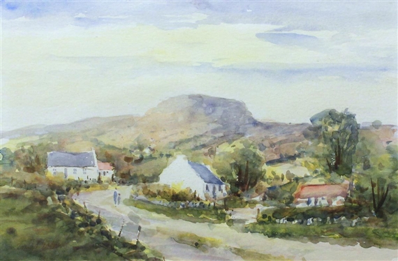 A watercolor landscape of a quiet village nestled at the foot of a large hill.