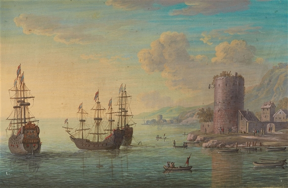 Three Frigates at a Harbour Mouth by German School, 18th Century, 18th century
