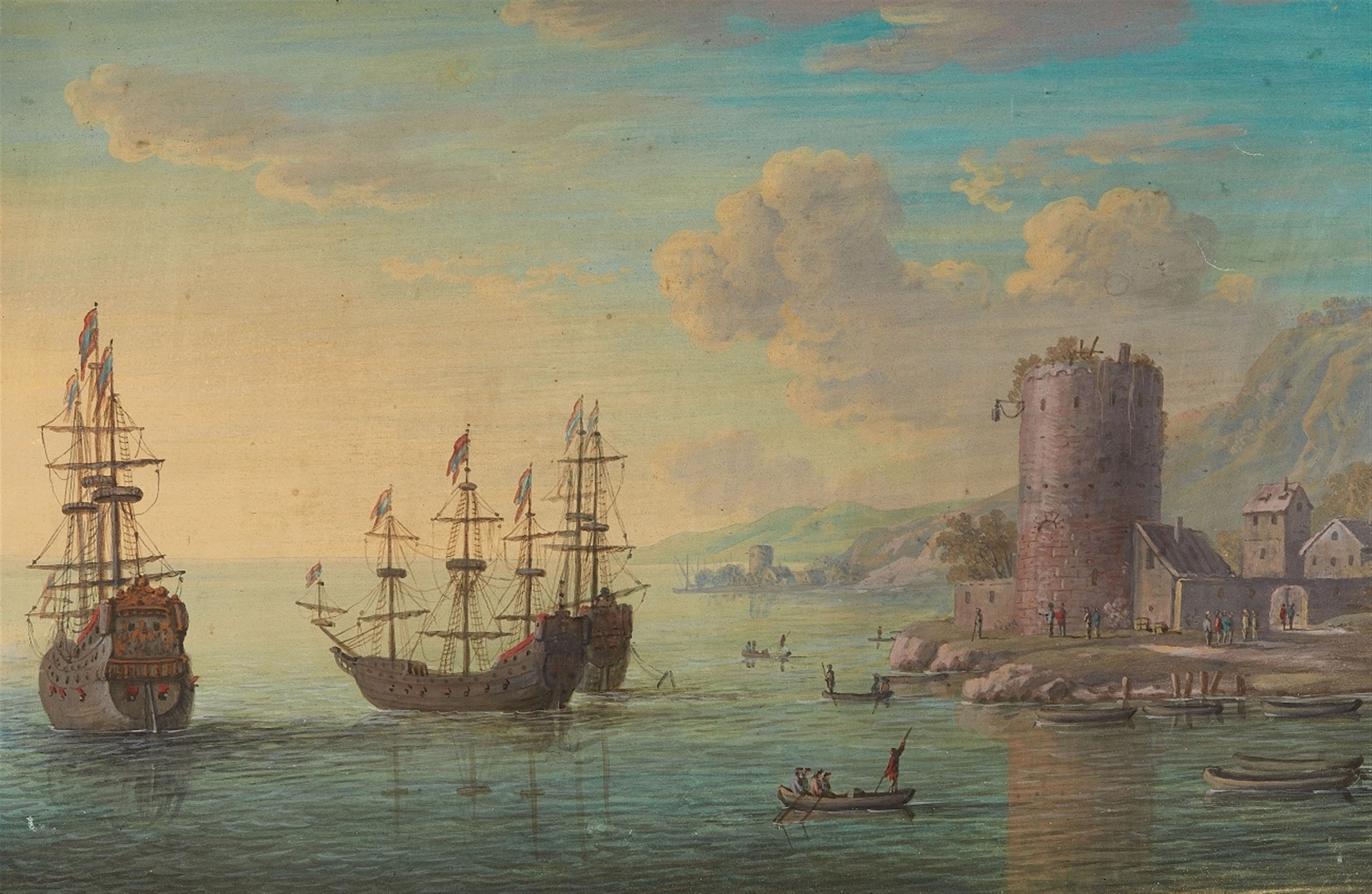 Artwork by German School, 18th Century, Three Frigates at a Harbour Mouth, Made of Watercolour on paper