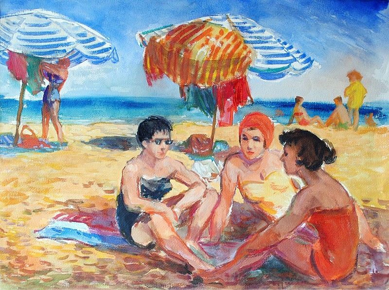 Artwork by Václav Junek, Na pláži, Made of watercolor on paper