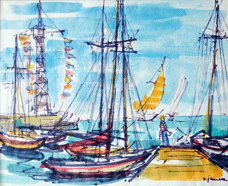 Artwork by Václav Junek, Plachetnice v přístavu, Made of marker, watercolor on paper