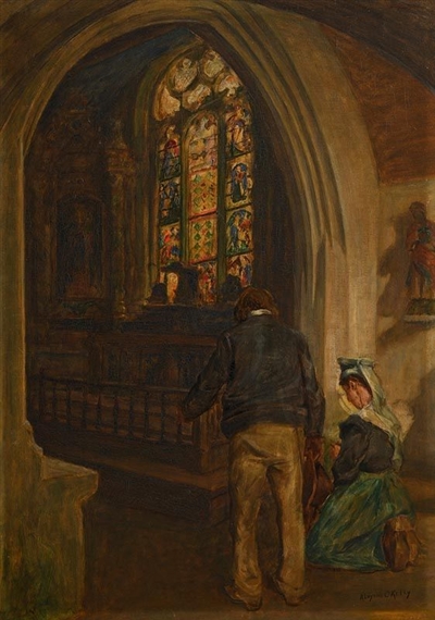 Breton Church Interior with Figures by Aloysius O'Kelly
