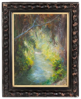 A serene landscape painting of a sunlit stream winding through a dense, verdant forest.
