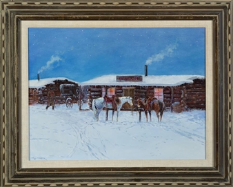 Horses tethered by a saloon, winter - Clifton Ray Cheek
