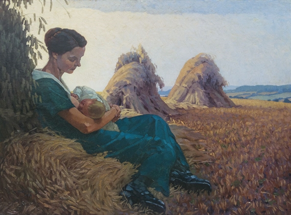 A serene pastoral scene featuring a woman breastfeeding a child while seated on a haystack.