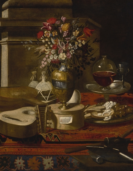 STILL LIFE OF A VASE OF FLOWERS, MUSICAL INSTRUMENTS, TWO FLASKS, A DISH WITH SWEETS AND OTHER OBJECTS ON A TABLE by Pier Francesco Cittadini