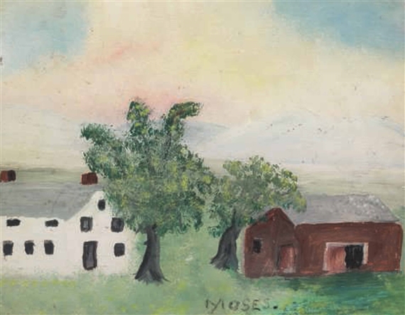 House and Barn with Pink Sky by Grandma Moses, circa 1956