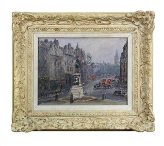 A framed city street scene rendered in loose, impressionistic brushstrokes.