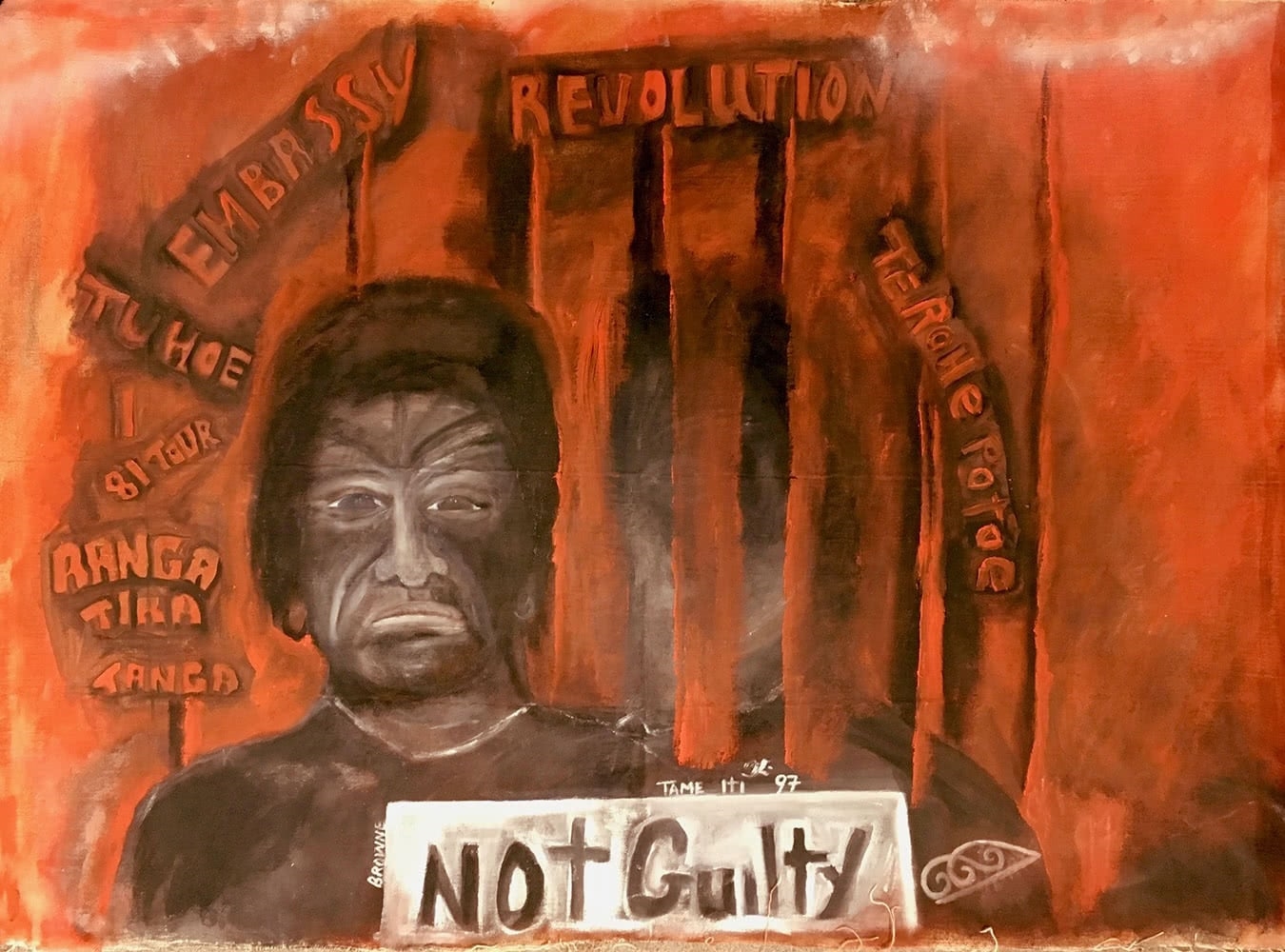 Artwork by Tame Iti, Not Guilty, Made of Oil on canvas