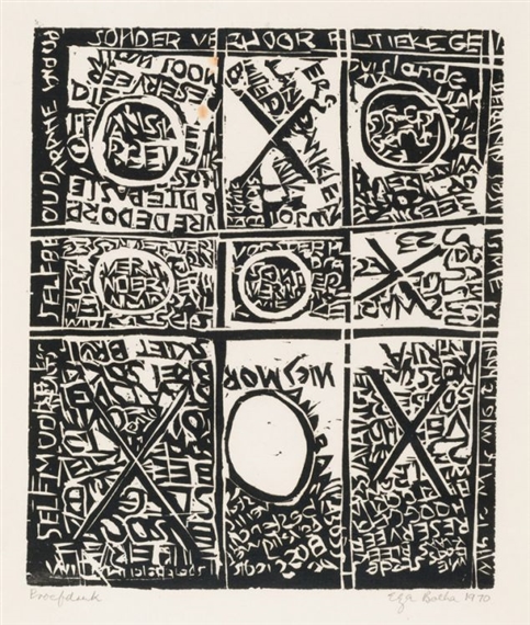 A black-and-white graphic print featuring a grid of nine panels filled with dense text and abstract symbols.