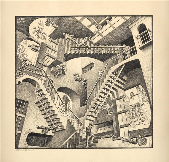 Relativity (Relativteit) (L. 389) by Maurits Cornelis Escher, 1953
