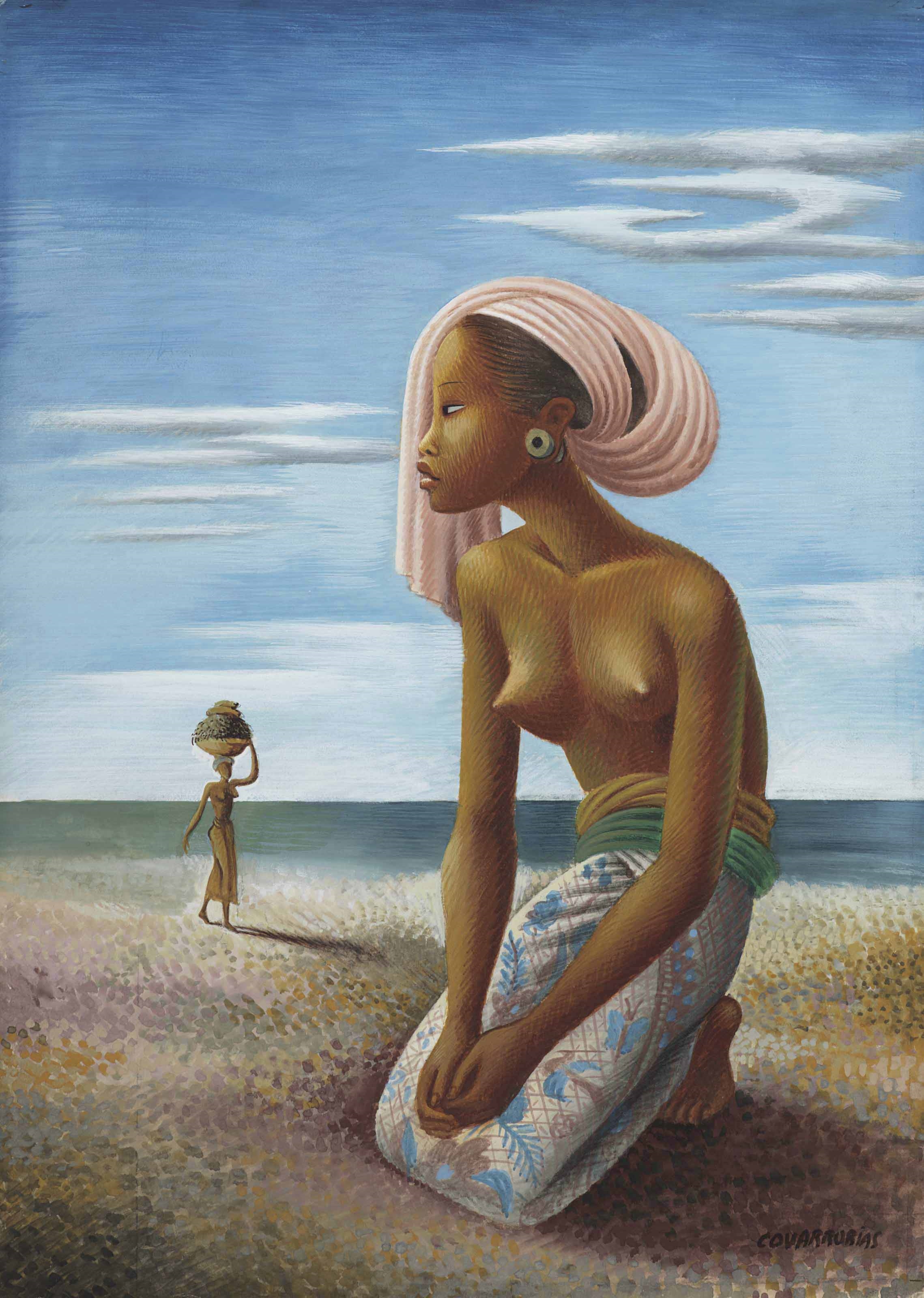 Artwork by Miguel Covarrubias, Girl Wearing a Sarong by the Ocean (also known as Balinesa con turbante rosa en la playa), Made of gouache on paper