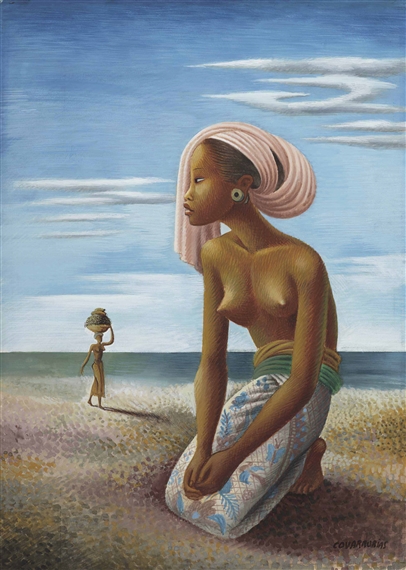 Girl Wearing a Sarong by the Ocean (also known as Balinesa con turbante rosa en la playa) by Miguel Covarrubias, 1937
