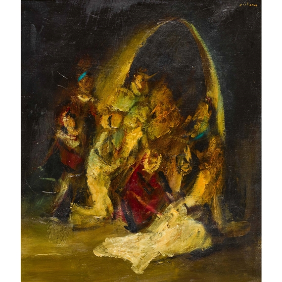 A dramatic, dark painting of figures in a biblical scene with a large archway.