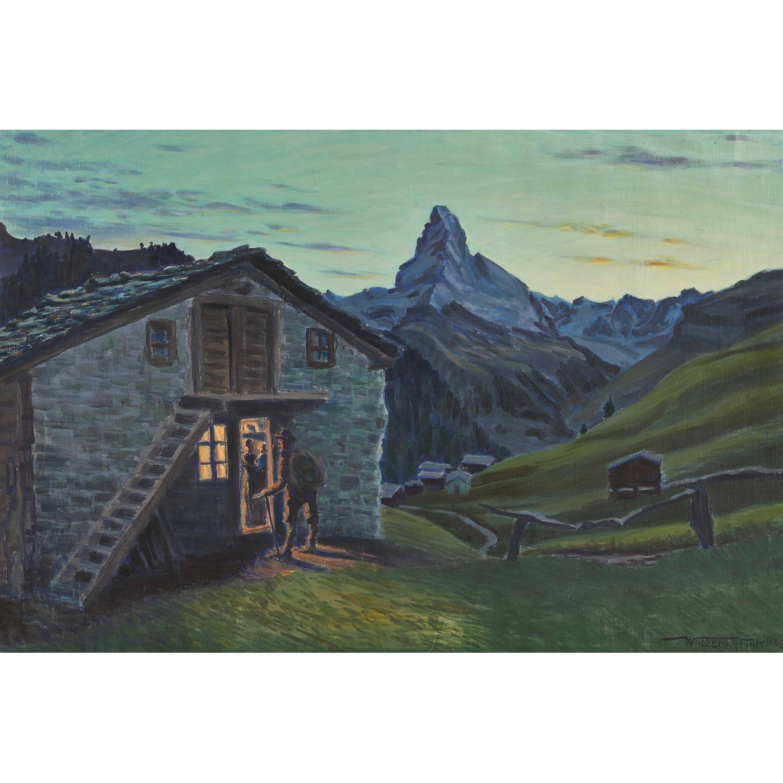 "Abenddämmern in Findelen mit Matterhorn". by Waldemar Fink, 1946