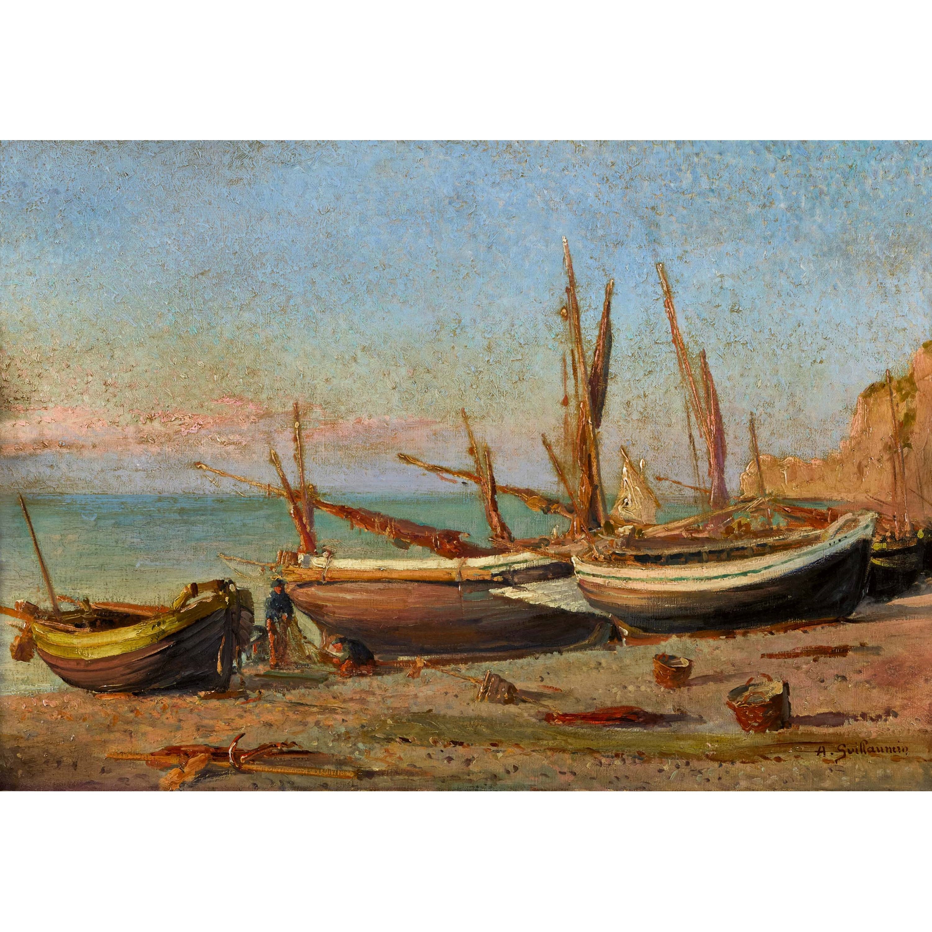 Artwork by Armand Guillaumin II, Bateaux sur la plage, Made of oil on canvas