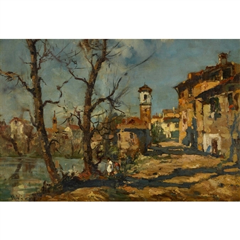 Herbstliche Landschaft mit Stadt am Ufer. - Riccardo Virgilio
