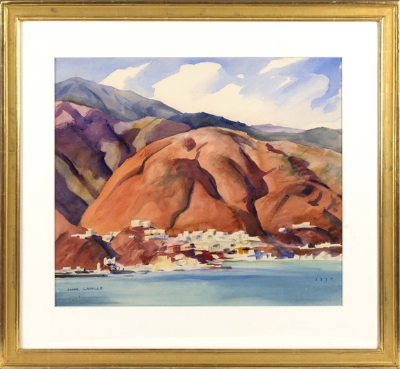 Coastal town with majestic mountains by John Lavalle, 1934