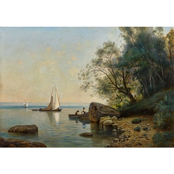 Lac Léman avec voiliers. - Louis-Auguste Veillon