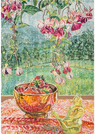 Janet Fish | Rain, Toy Bird, and Strawberries (1989) | MutualArt