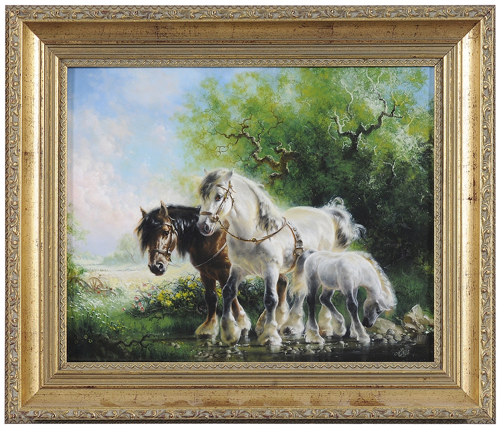 Artwork by Margaret Lisle, Two Horses with Foal, Made of oil on panel