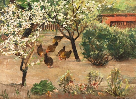 Hens Among Apple Trees in Bloom by Eiler Sørensen, 1934
