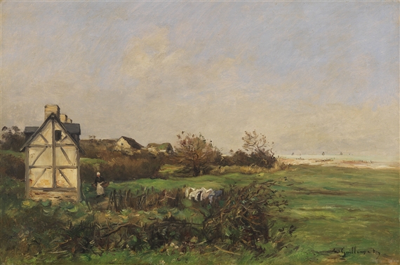 Landschaft mit fachwerkhaus und bäuerin by Jean Baptiste Antoine Guillemet, 1890