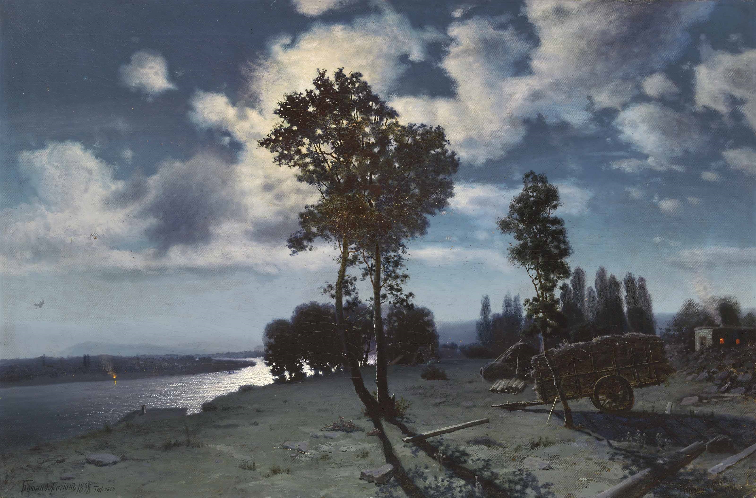 Artwork by Georgii Zakharovitch Bashindzhagian, Moonlit river bank, Made of oil on canvas
