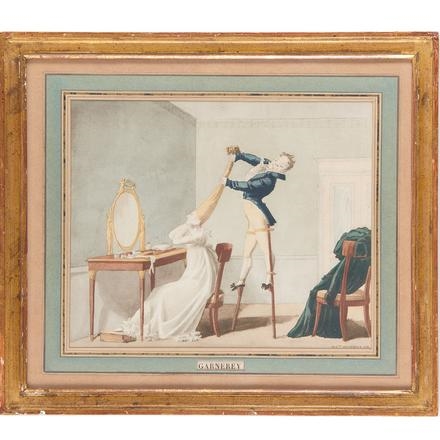 Artwork by Auguste Garnerey, Boy on Stilts Coiffing a Woman's Hair, Made of watercolor on paper