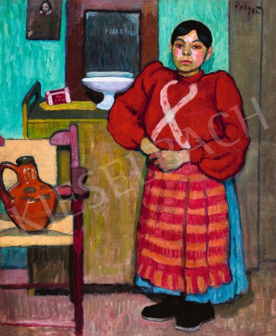 Girl in a Red Blouse in Green Room by Tibor Polya, circa 1910