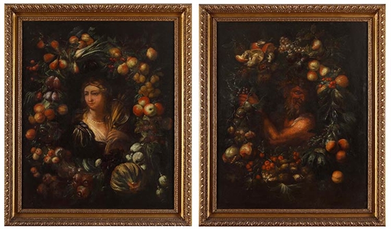 A pair of Garlands of fruits and vegetables with the allegories of Summer and Autumn by Stefano Camogli