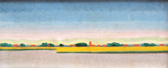 A colourful landscape with a village on the horizon by John Rädecker, 1910